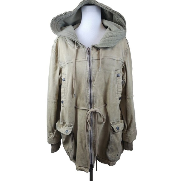 Free People Jackets & Blazers - Free People Jacket Small Oversized Hood Cargo Olive Green Distressed Heavy Boho
